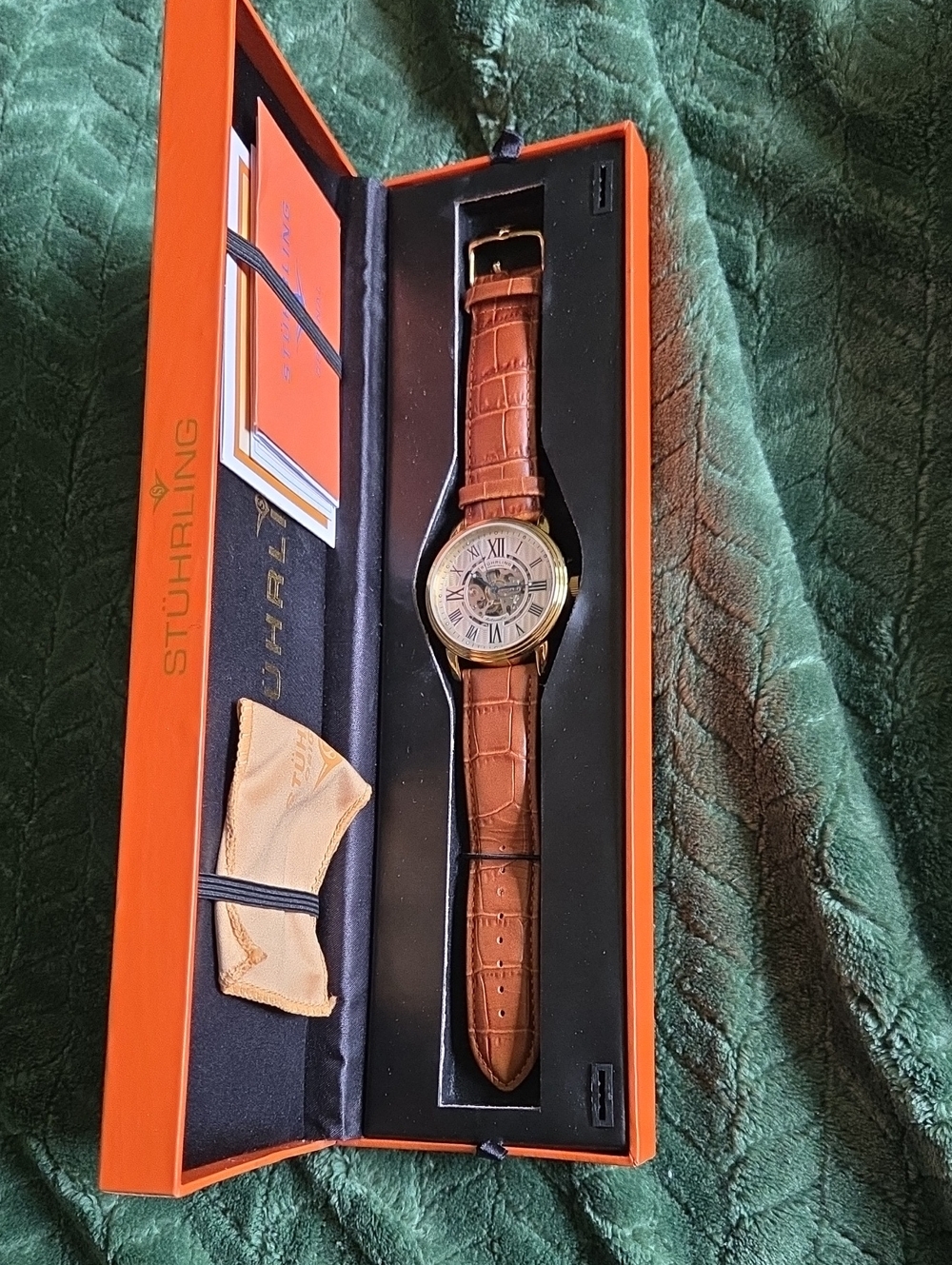Stührling Men’s Skeleton Dial Watch with Brown Leather Strap